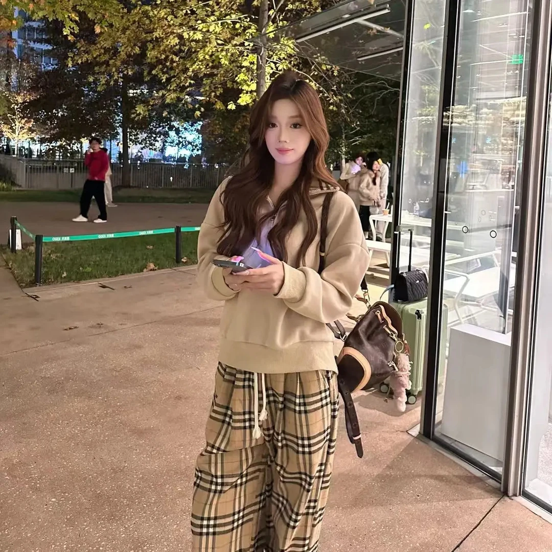 时尚2025新款百搭格子宽松半拉长袖POLO领卫衣潮流时尚套装5106