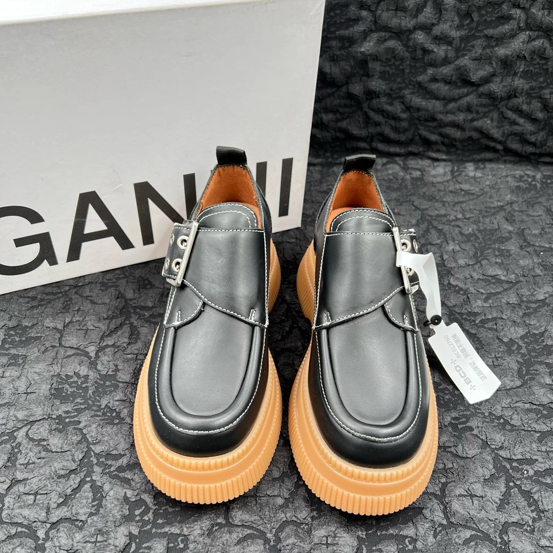 99新  Ganni 黑色牛津厚底德比皮鞋 37码/99新/原盒尘袋