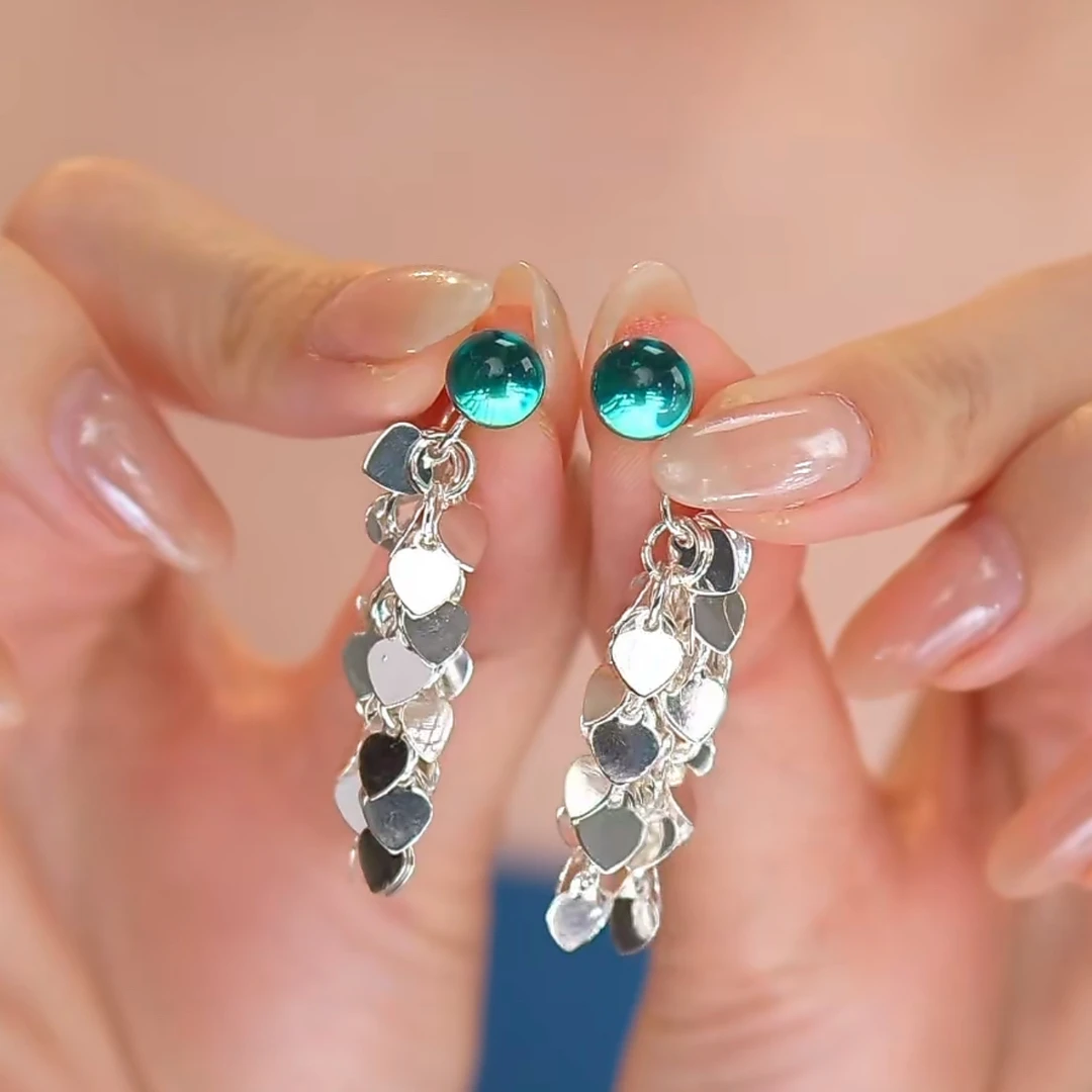 愿岛 黄铜树脂耳饰 法式气质小众蓝绿色树脂前后戴流苏EH2564