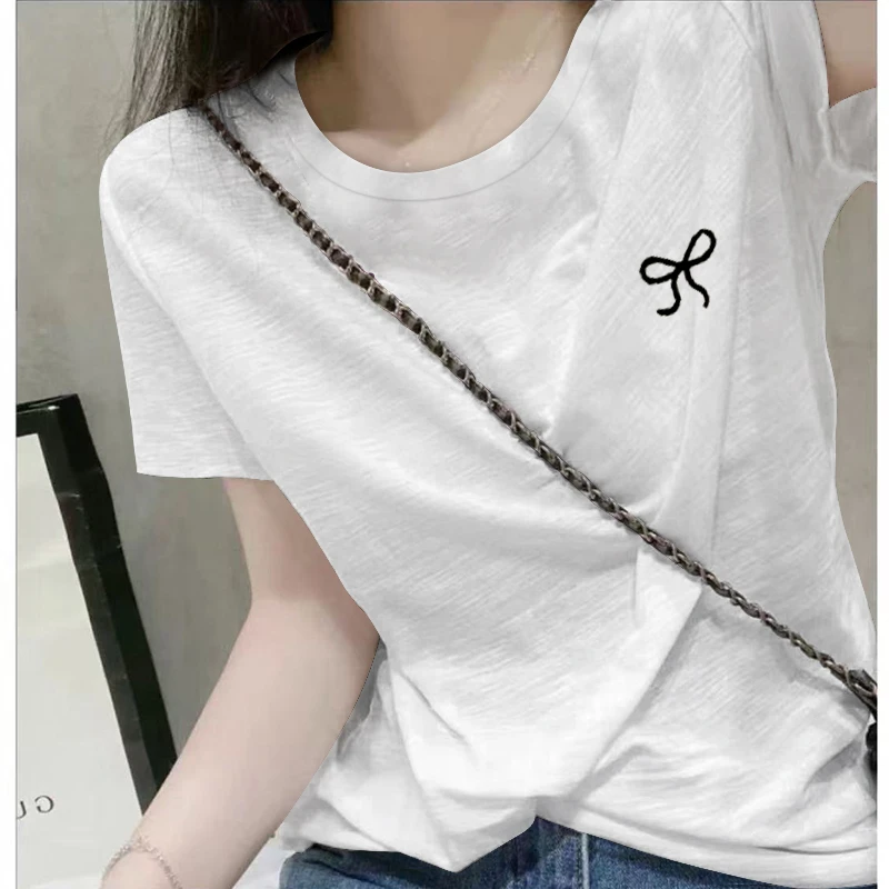 竹节棉女士t恤短袖夏季大码胖mm洋气减龄上衣宽松显瘦圆领体恤衫