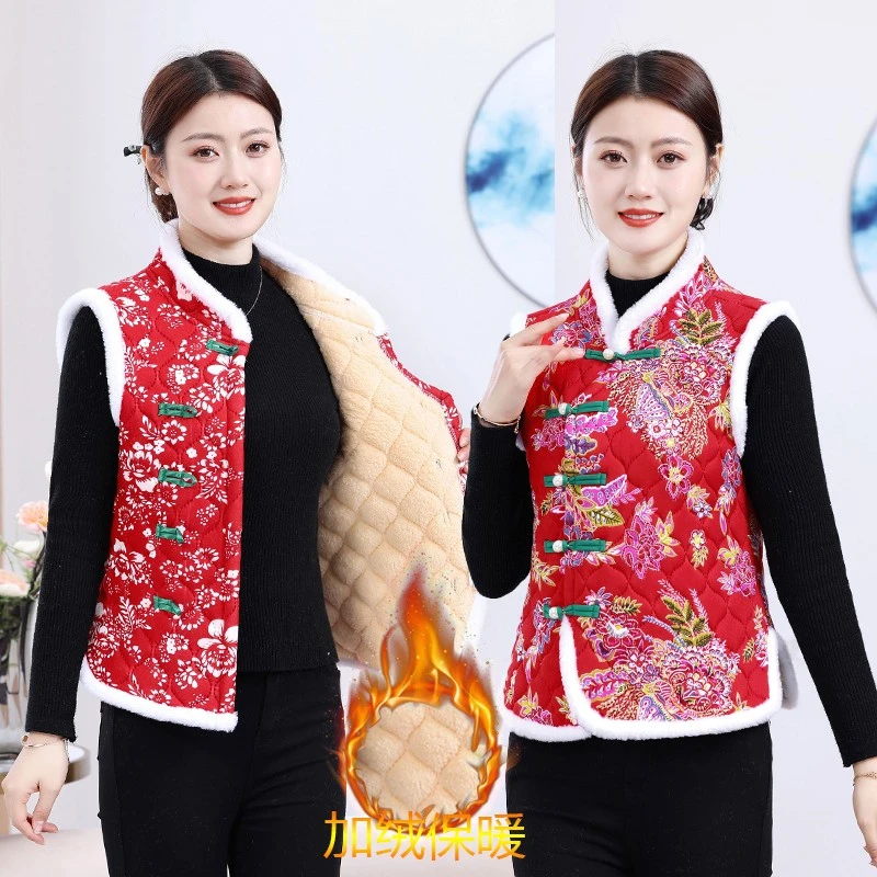 网红爆款加绒保暖马夹民族风秋冬马甲复古加厚冬季开衫无袖小袄