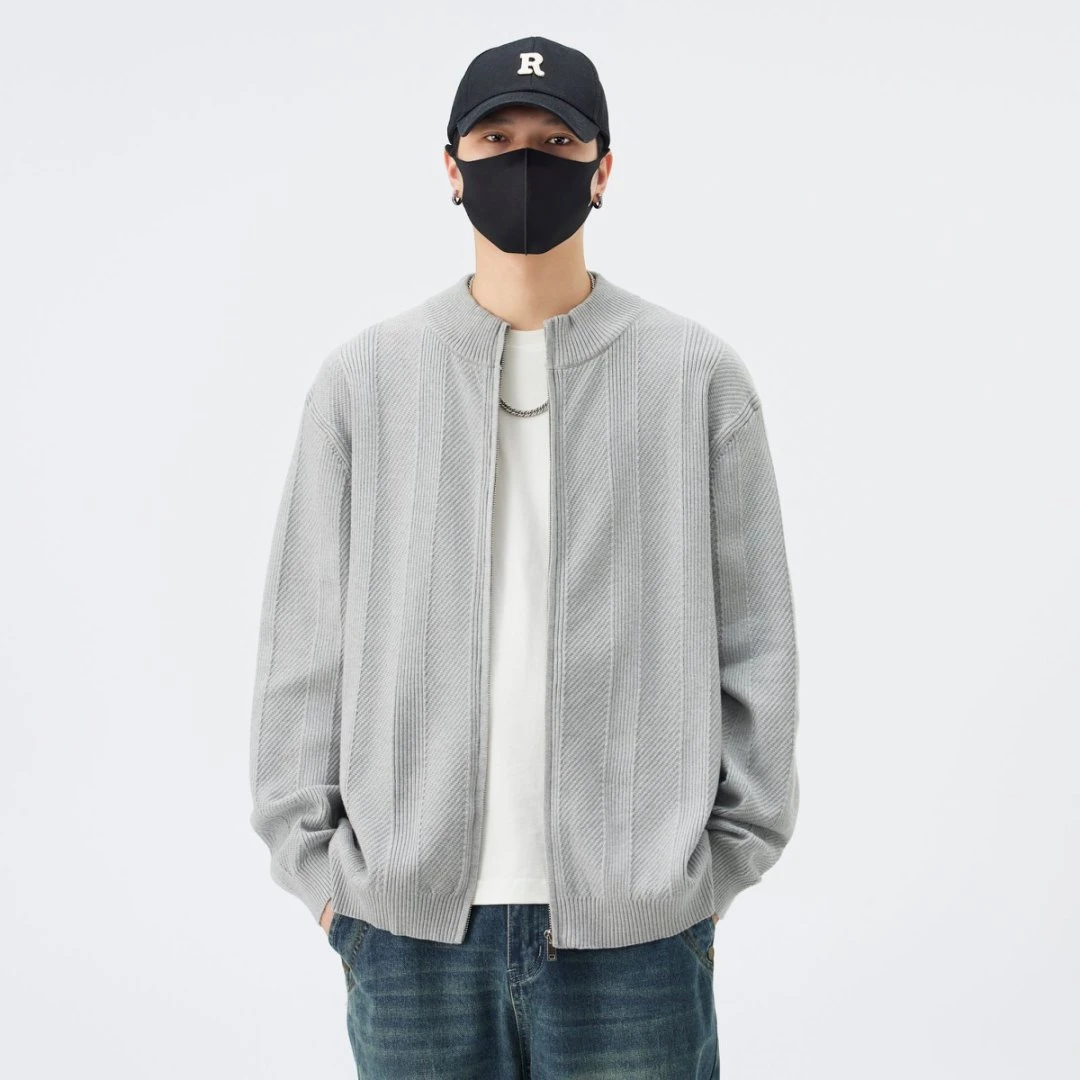 CHOMNES美式双拉链开衫毛衣男秋高街立领针织衫外套潮牌百搭休闲