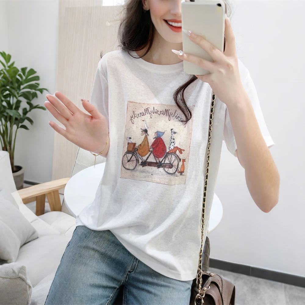 雪花棉圆领卡通印花短袖T恤女夏季新款轻薄透气减龄别致体恤上衣