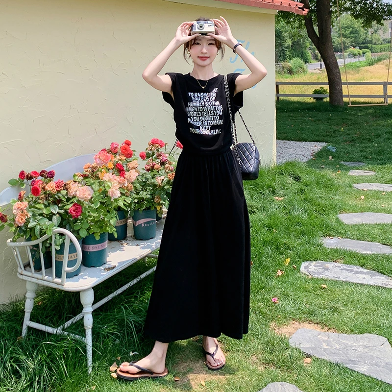 韩系休闲流行黑色T恤半身裙两件套装裙女夏减龄穿搭一整套炸街