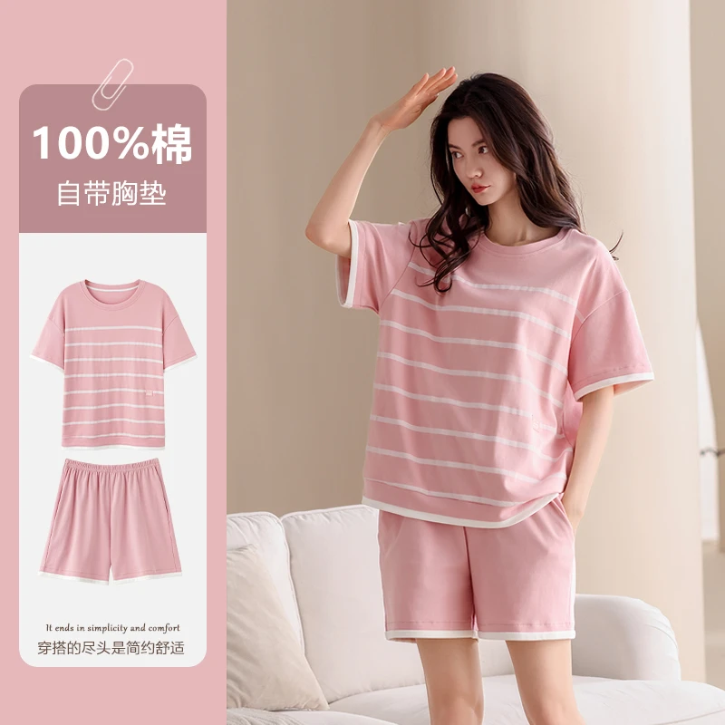 睡衣女夏季纯棉带胸垫一体短袖2025新款卡通网红可外穿家居服套装