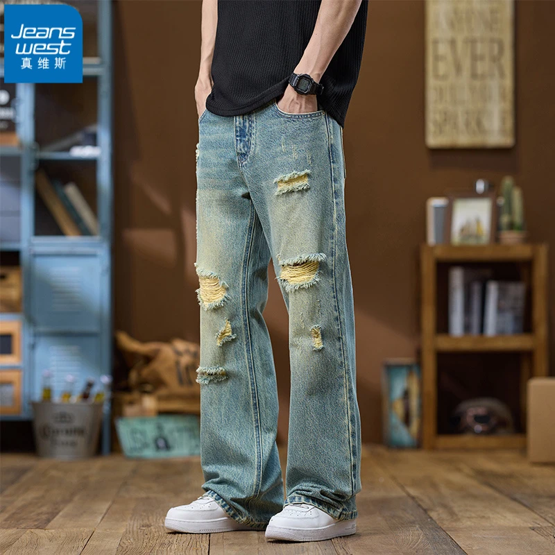 真维斯正品2025春夏新款美式破洞高街休闲秋季男士美式高街牛仔裤