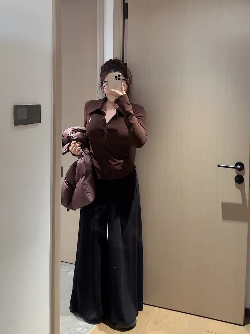 【一茹】微胖mmPOLO领长袖T恤显瘦内搭打底上衣+针织阔腿裤两件套