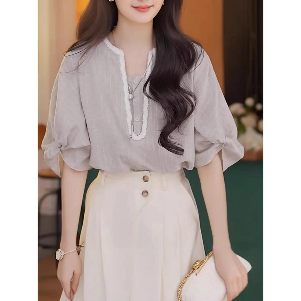 2025夏季新款时尚气质法式复古上衣潮流宽松休闲条纹印花短袖衬衫