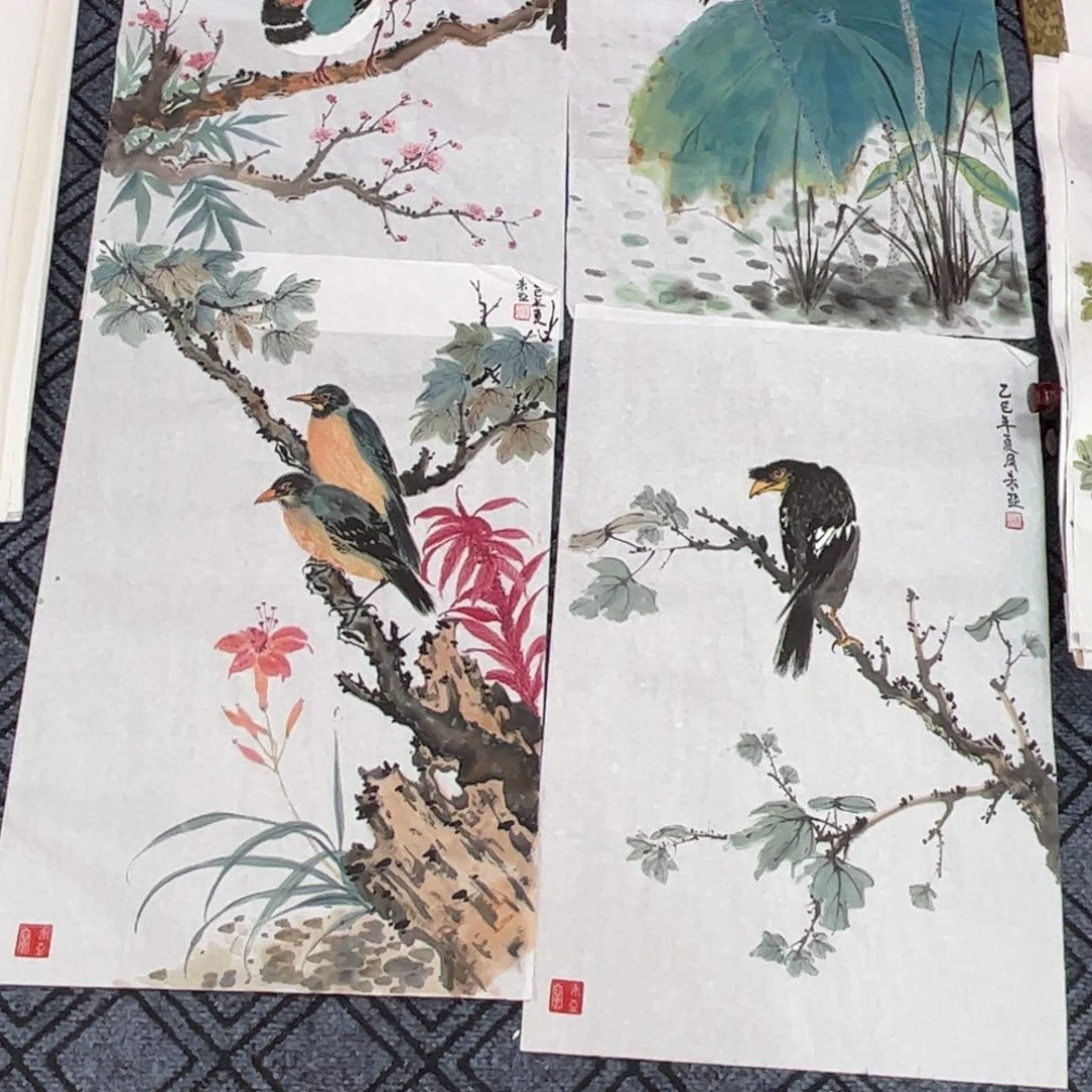 普***技国画朱亚老师四尺三开花鸟旭5