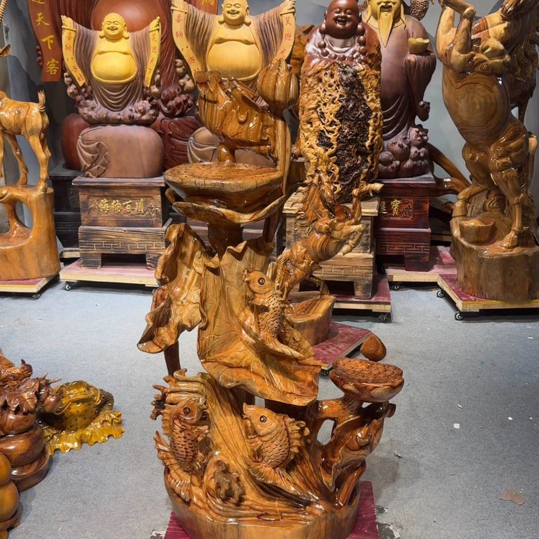 香樟木金*香樟木鱼花架摆件