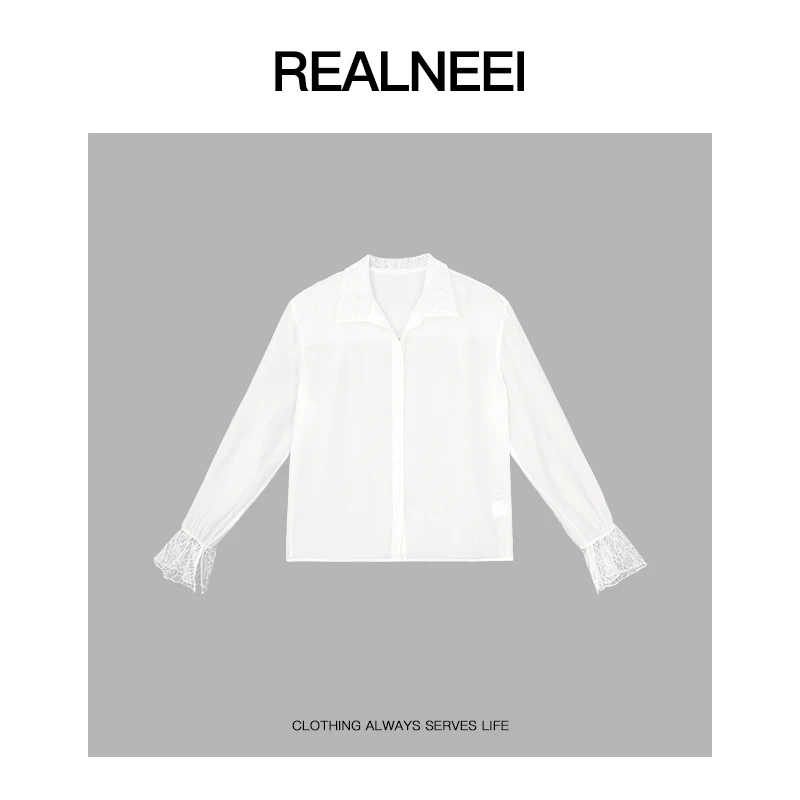 REALNEEI【蕾丝衬衫】极简莱赛尔醋酸设计感肌理感喇叭袖衬衫21564
