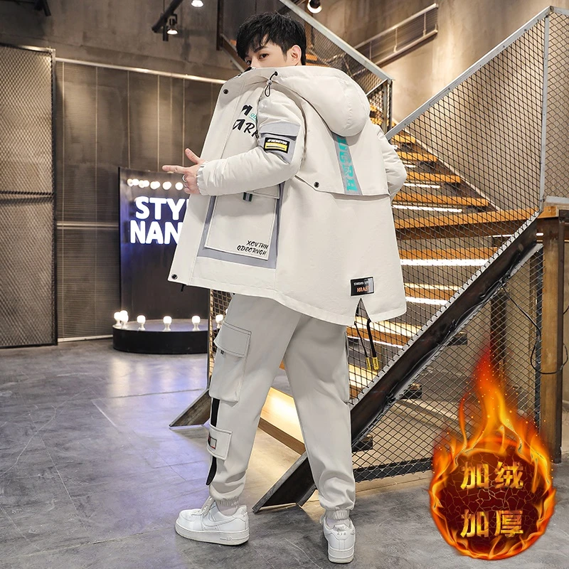 冬季外套男士2025新款夹克青少年加绒加厚套装潮流帅气男装两件套