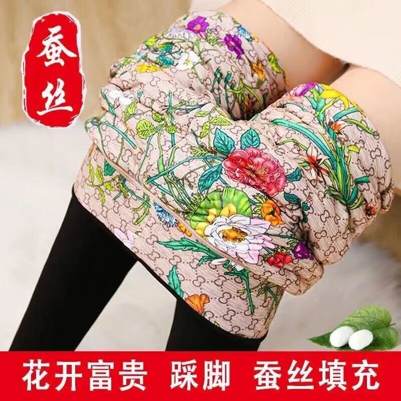 冬季高腰保暖蚕丝裤花开富贵保暖裤女士外穿裤加绒加厚高弹力