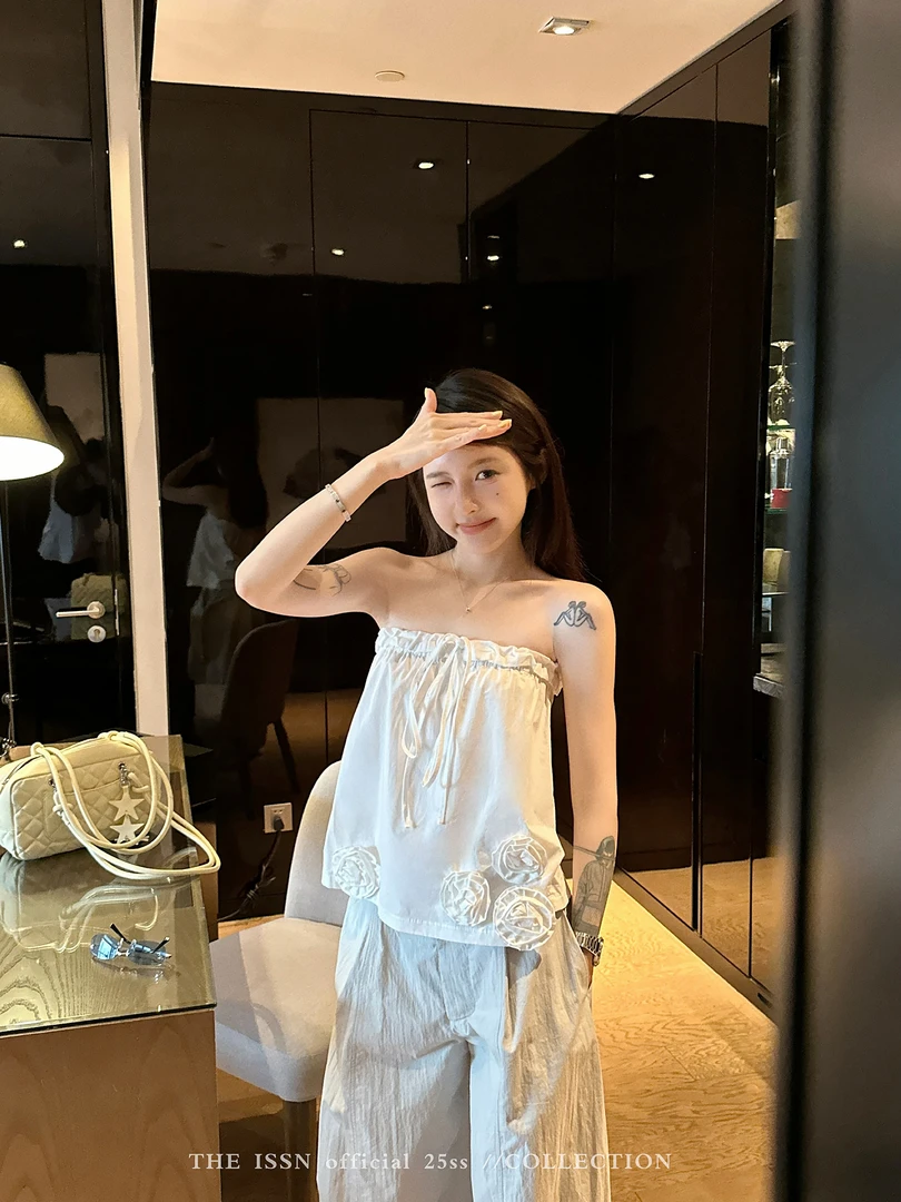 THEISSN宁司 玫瑰花设计感无袖吊带女夏季休闲百搭上衣 0809