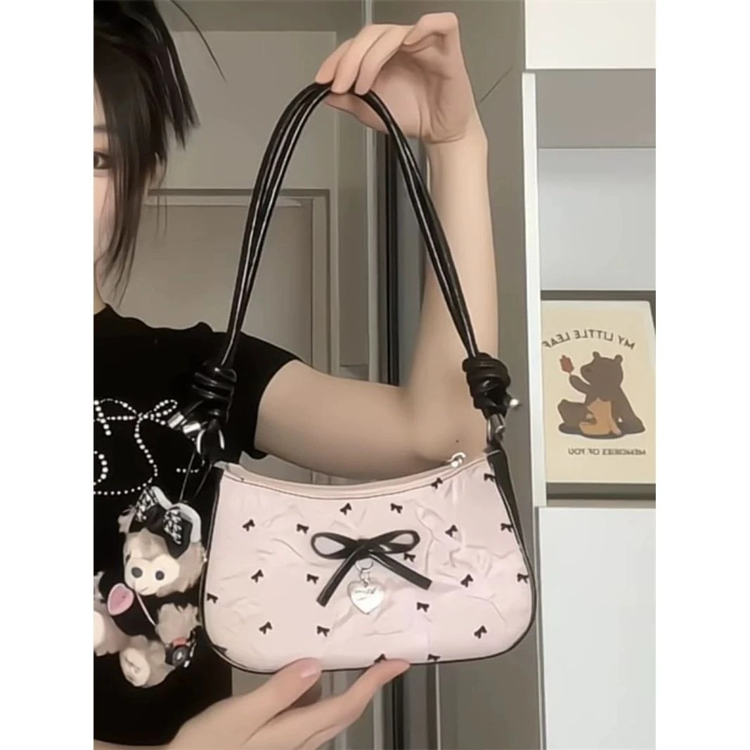 韩系甜美泡泡纱蝴蝶结腋下包包女高级感黑粉撞色单肩斜挎包通勤s