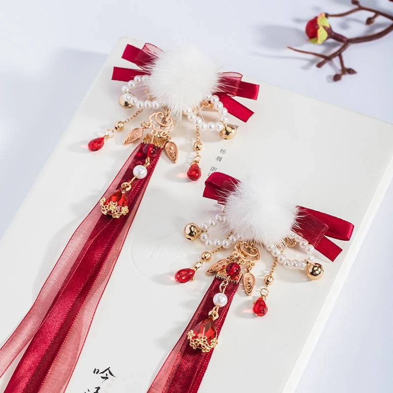 古风可爱毛绒红色头饰和风铃铛流苏发夹汉服毛球发饰