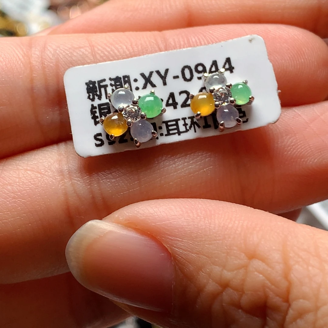 翡翠戒指银S925镶嵌天然翡翠耳饰