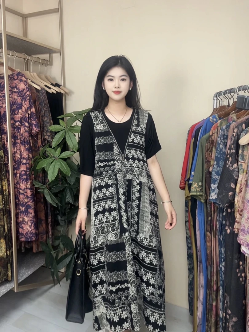 夏季新款假两件时尚收腰系带短袖减龄百搭连衣裙