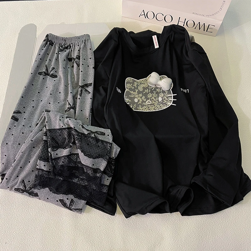 卡通睡衣女新款春秋季黑色蕾丝花边长袖可爱猫咪可外穿家居服套装