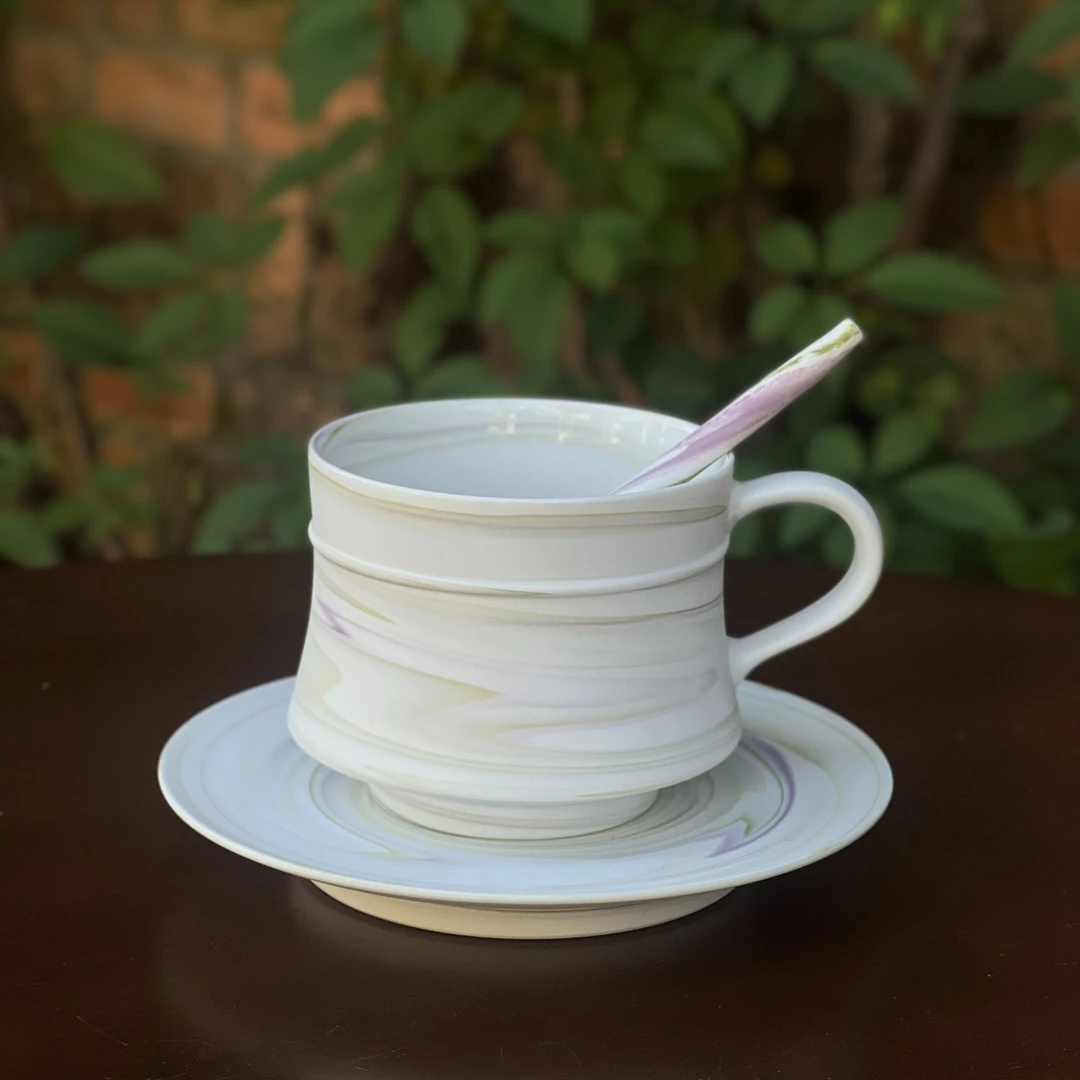 手作陶泥系列 搅泥线条颜色 咖啡杯 一杯一托系列 配搅拌棒套系