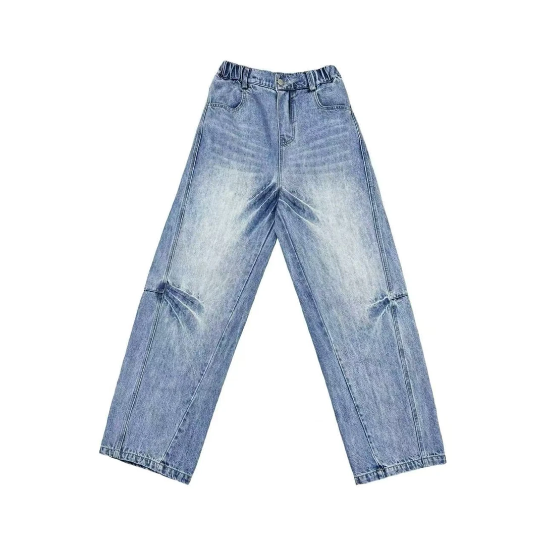 [XJ]蓝色水洗爪型褶皱设计款百搭时尚弯刀儿童牛仔裤（春日满满）