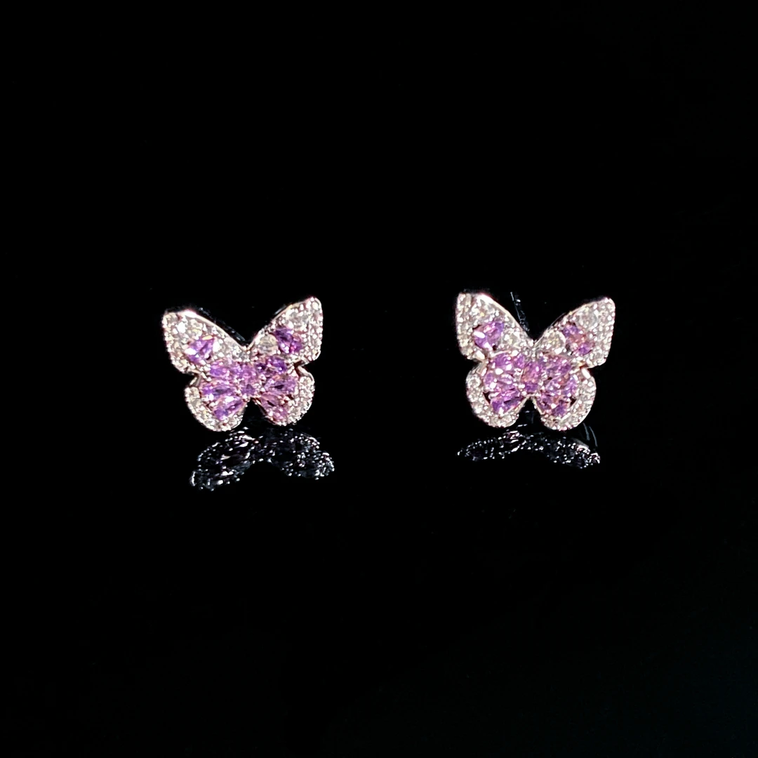 铜合金锆石耳饰 银针 烟紫色蝴蝶 甜美韩系耳钉E4006