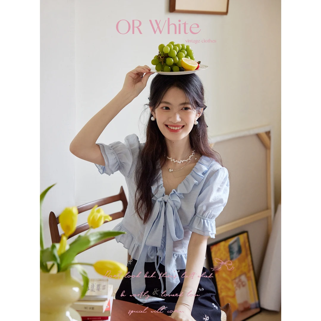 【ORWhite】 法式复古荷叶边泡泡袖蓝色衬衫短袖女夏季