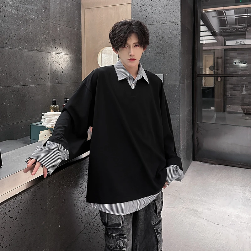 潮流假两件拼接翻领卫衣男秋季美式复古痞帅长袖T恤宽松休闲外套