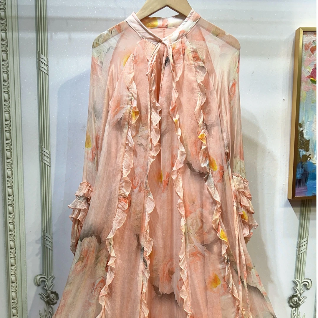 拜占庭的森林杏色轻奢印花百搭显瘦女士宽松简约时尚桑蚕丝连衣裙