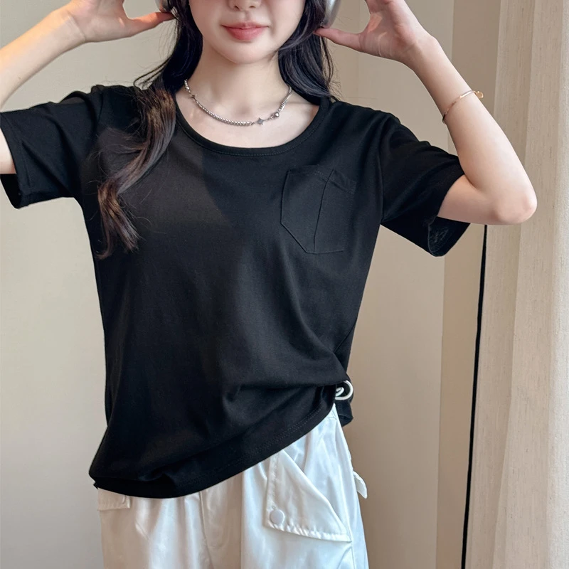 高级感慵懒风宽松短袖t恤女款口袋设计感雪花棉舒适休闲韩系正肩