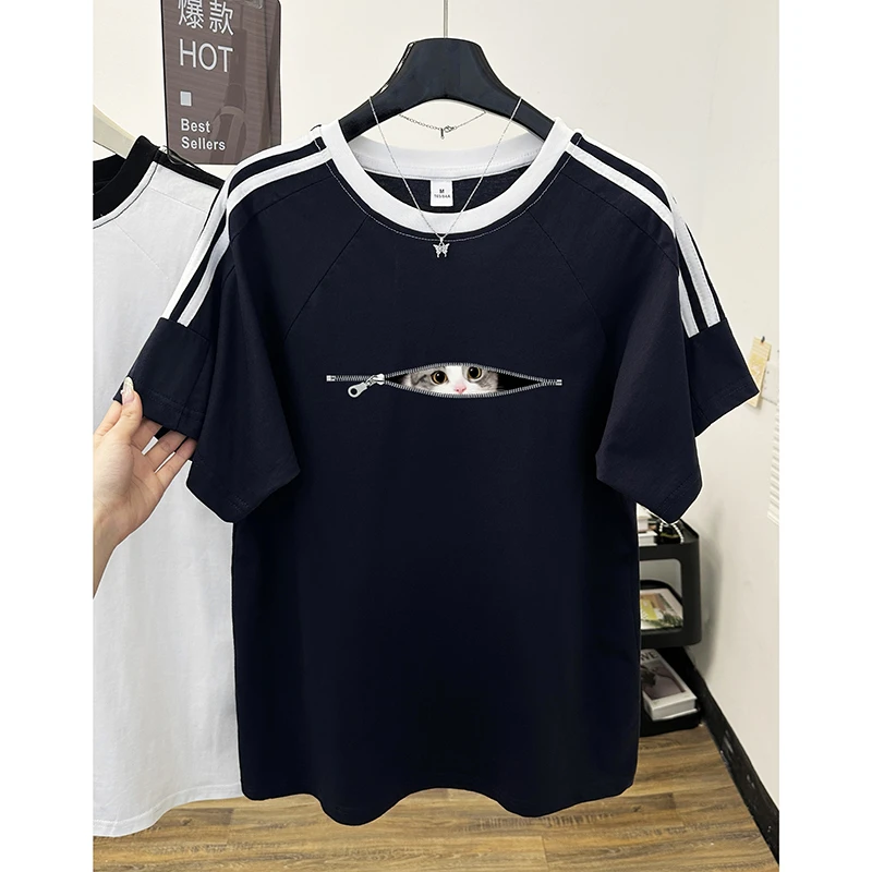 潮牌猫咪印花三条杠短袖T恤女装春夏新款纯棉大码设计感半袖上衣