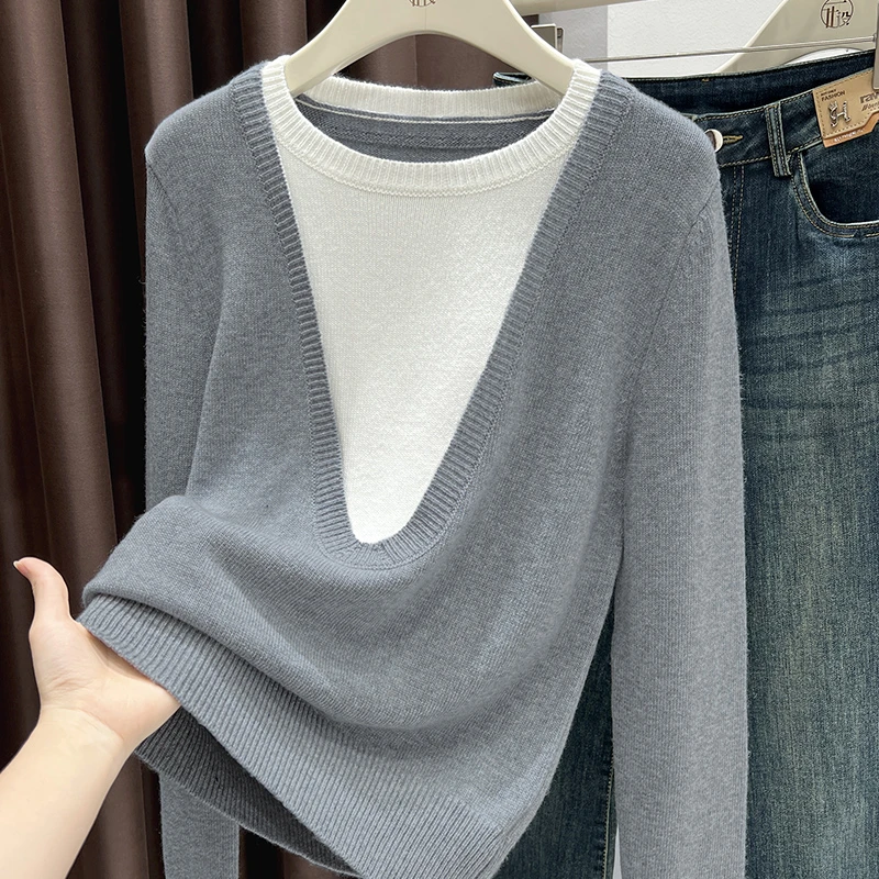 假两件圆领针织上衣女2026新款韩系穿搭超好看撞色毛衣长袖打底衫