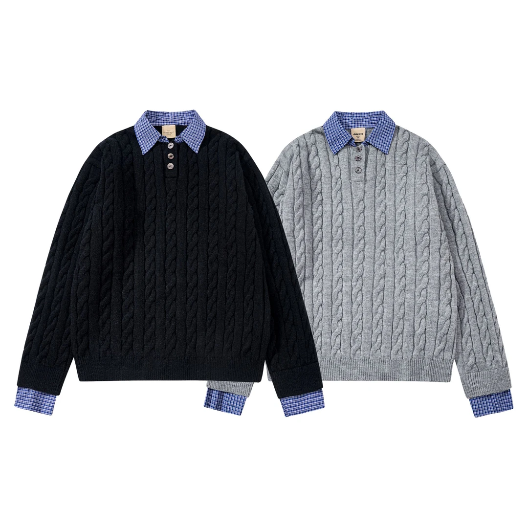 ENXIAOBAI假两件拼接条纹长袖毛衣针织衫cleanfit情侣上衣