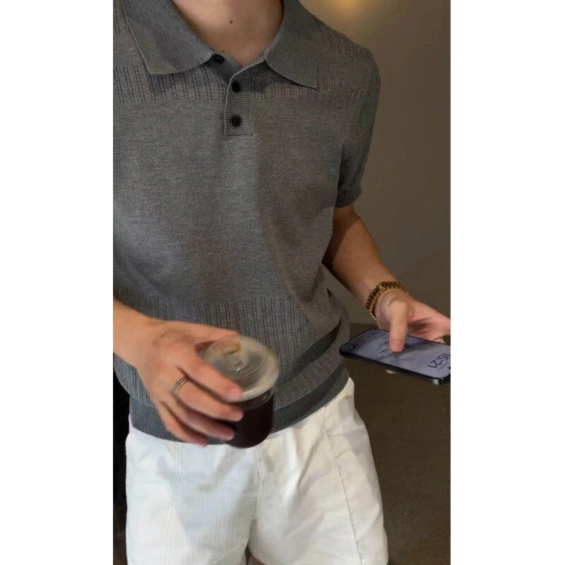 老钱风亨利领Polo衫男款针织短袖翻领正肩t恤镂空美式复古五分袖