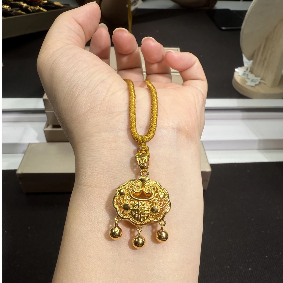 吊坠925银 足银吊坠 平安福锁古法金色中古精致