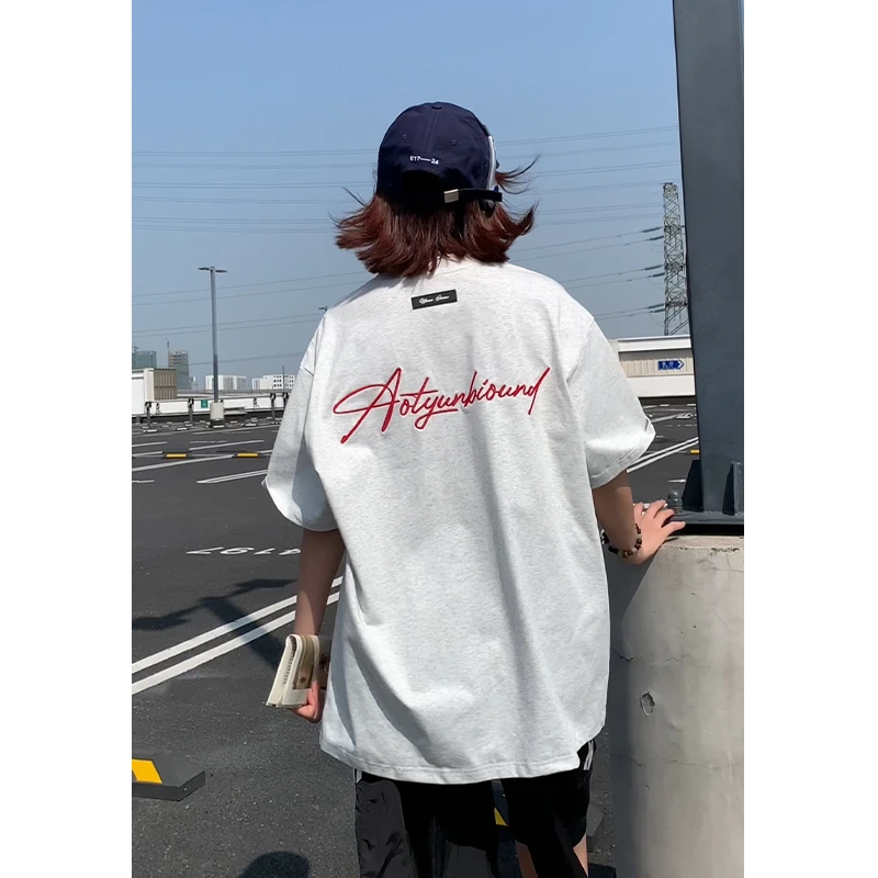 夏季新款花体刺绣凉感短袖T恤情侣美式上衣潮牌动感风T恤休闲百搭