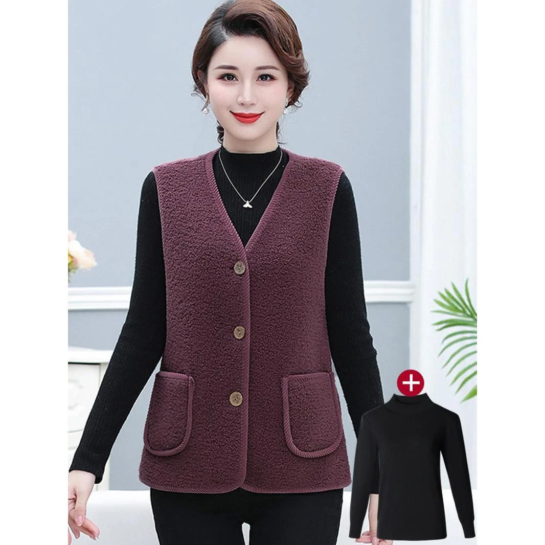 中年妈妈春秋仿羊羔绒冬装马甲外穿中老年女秋冬加绒背心坎肩马夹
