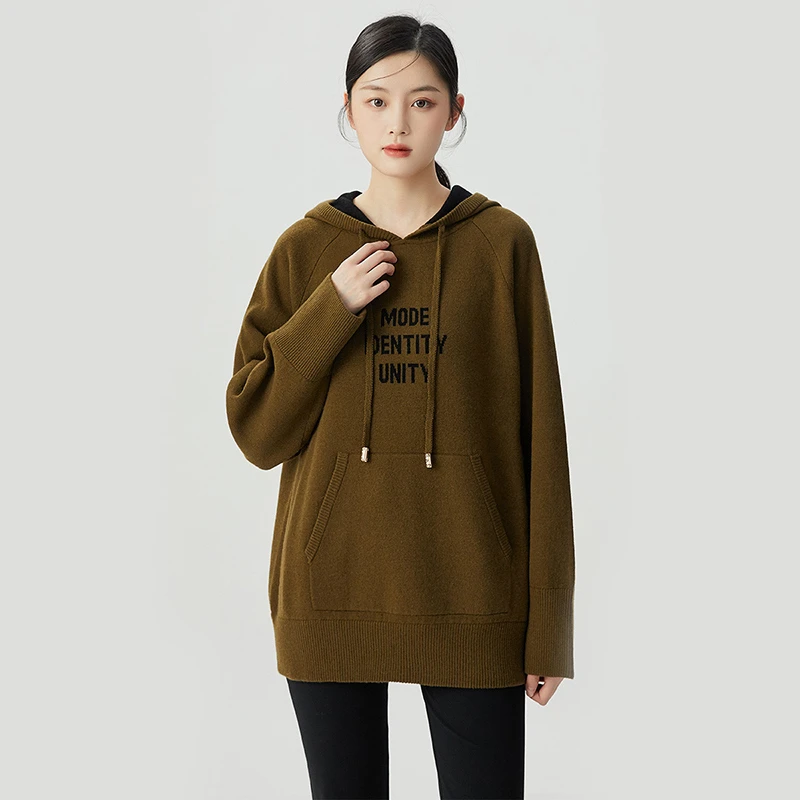 阿玛施AMASS绵羊毛时尚休闲宽松字母素色针织衫连帽卫衣女5399646