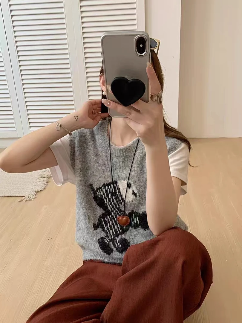 灰灰呀！韩系设计感软糯卡通系小马圆领百搭叠穿针织毛衣背心马甲