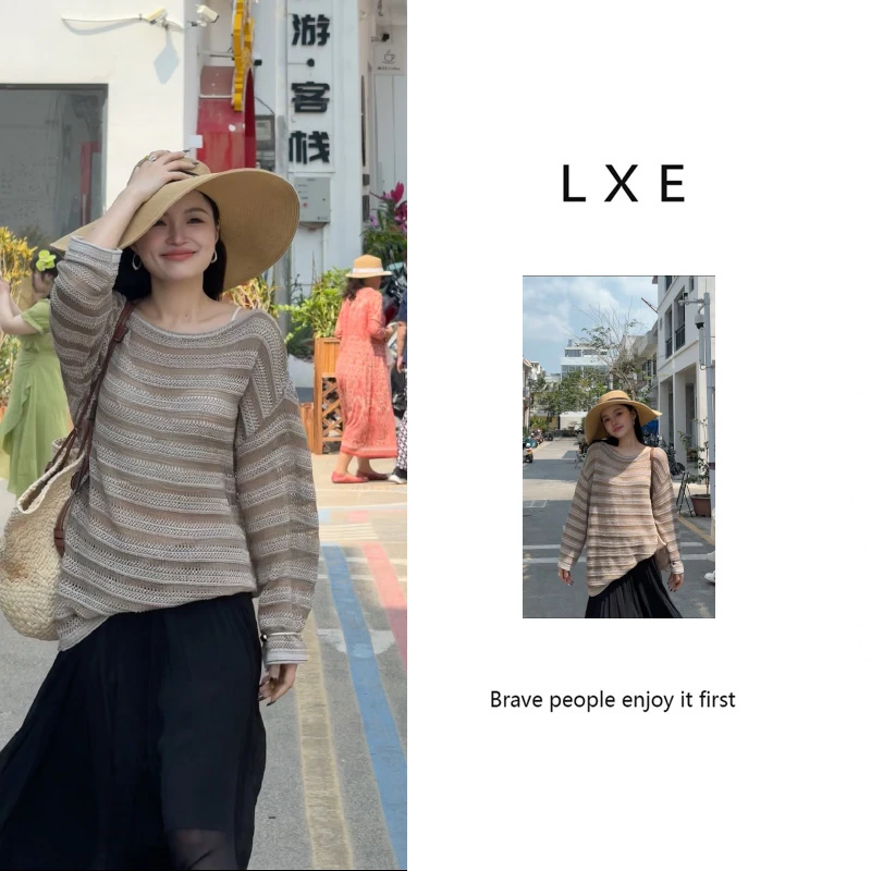 【夏日缤纷】慵懒感长袖针织衫女镂空圆领百搭设计感上衣