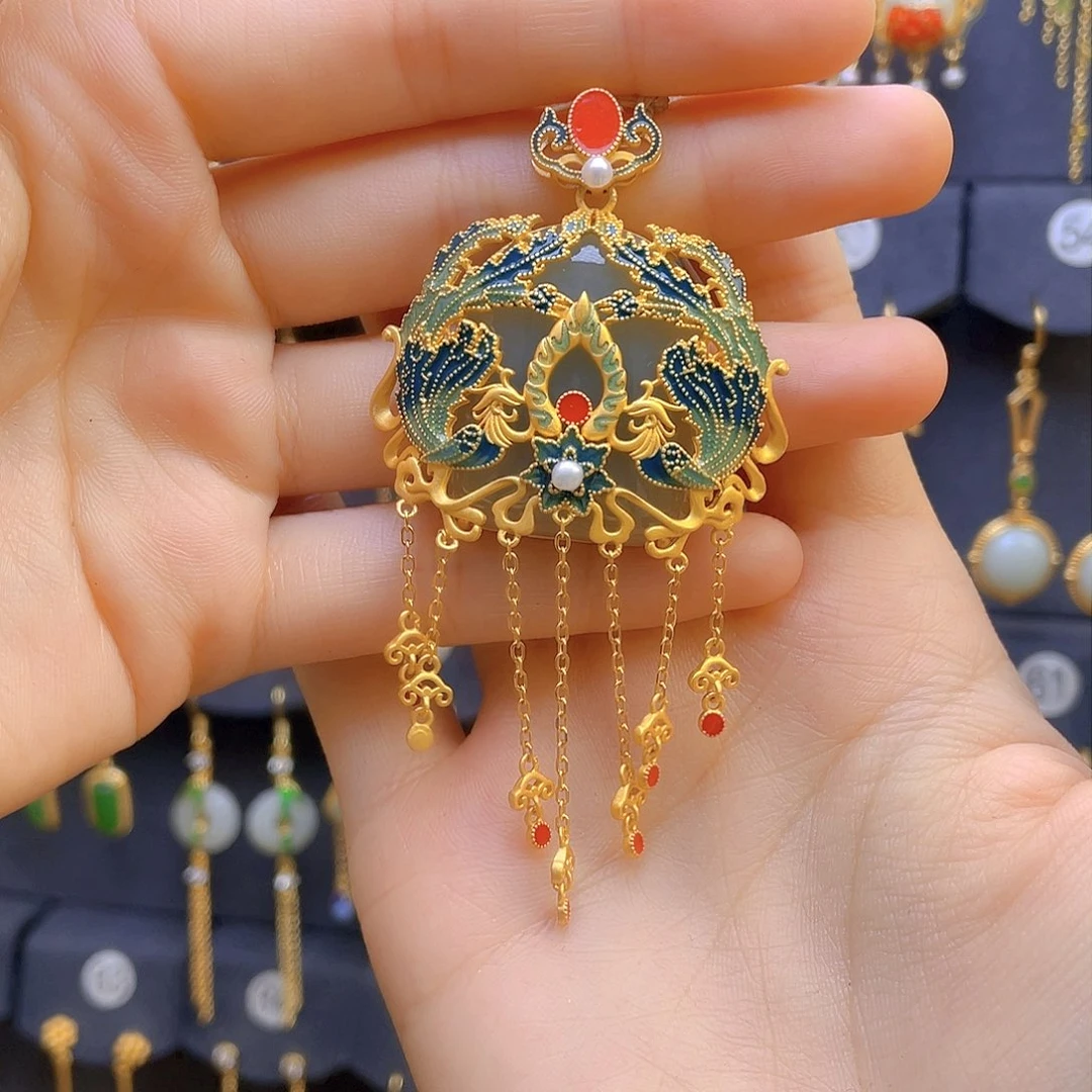 和田玉颈饰银S925镀金镶嵌