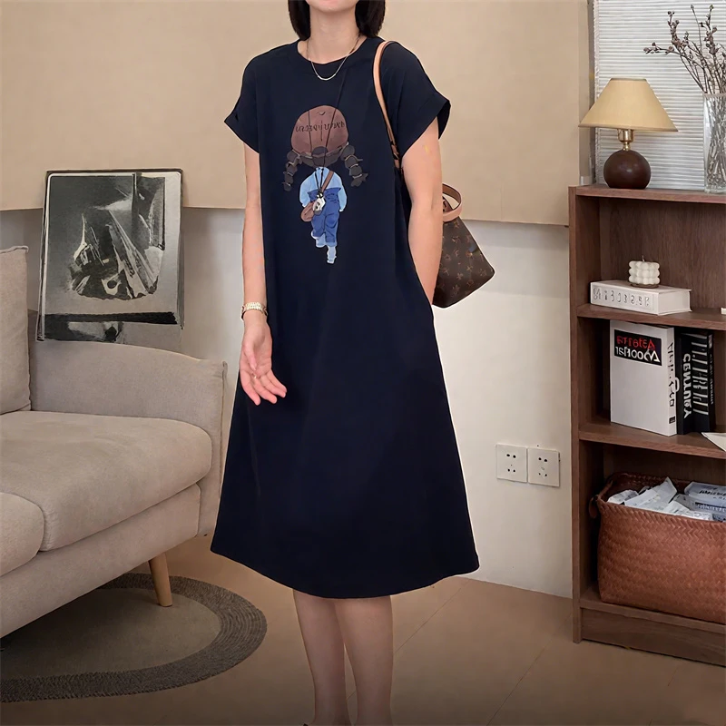 欧货连衣裙女夏季2025年薄款简约过膝慵懒风中长款宽松短袖t恤裙