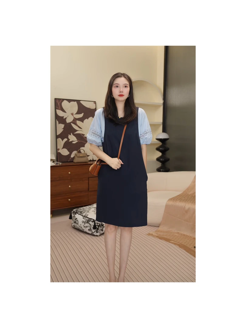 藏青假两件凉快花边蕾丝拼接撞色洋气连衣裙宽松显瘦女中长款裙子