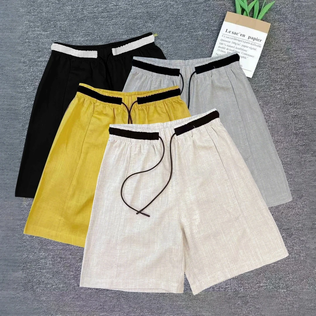夏季韩系拼色腰宽松显瘦亚麻短裤休闲裤五分裤简约情侣