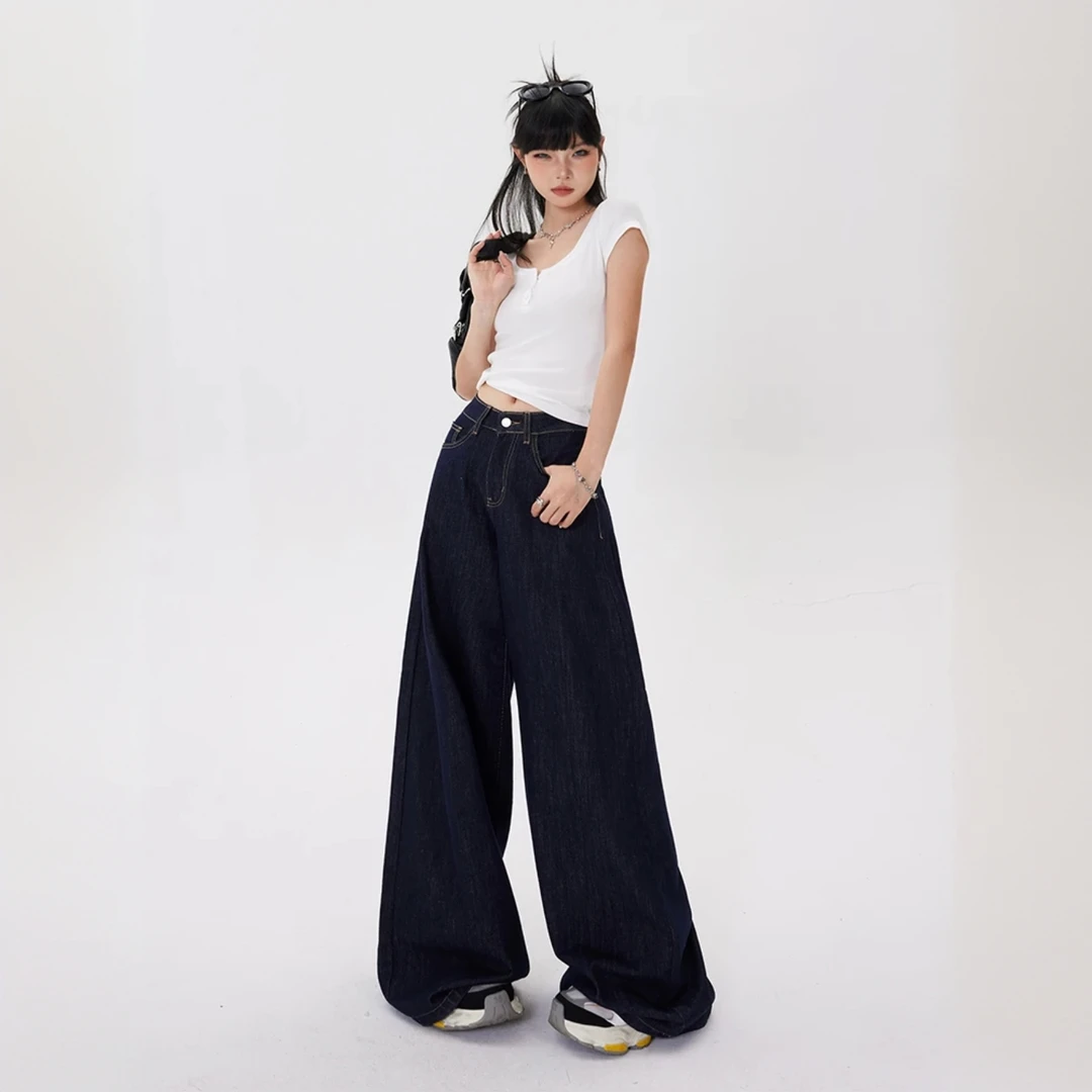 丹宁深蓝阔腿牛仔裤女2025春秋季新款高腰显瘦垂感慵懒直筒A-2