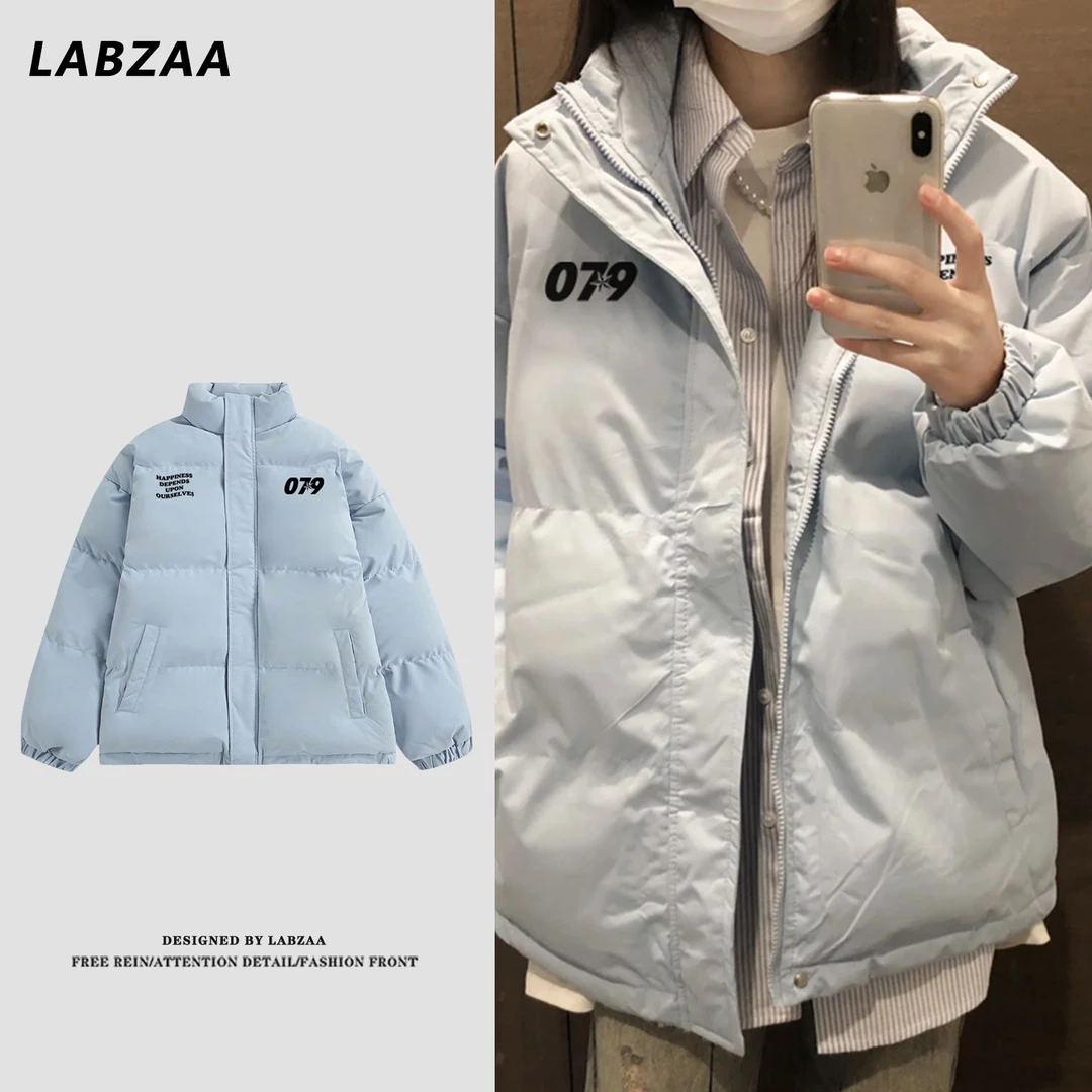 labzaa保暖潮牌字母面包服男女宽松加绒冬季棉服天蓝色棉衣外套潮