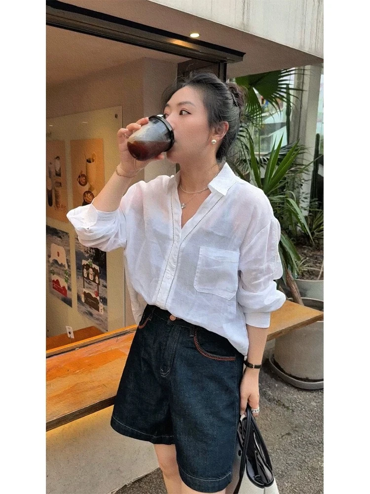 镂空V领宽松单排多扣夏季纯色苎麻衬衫