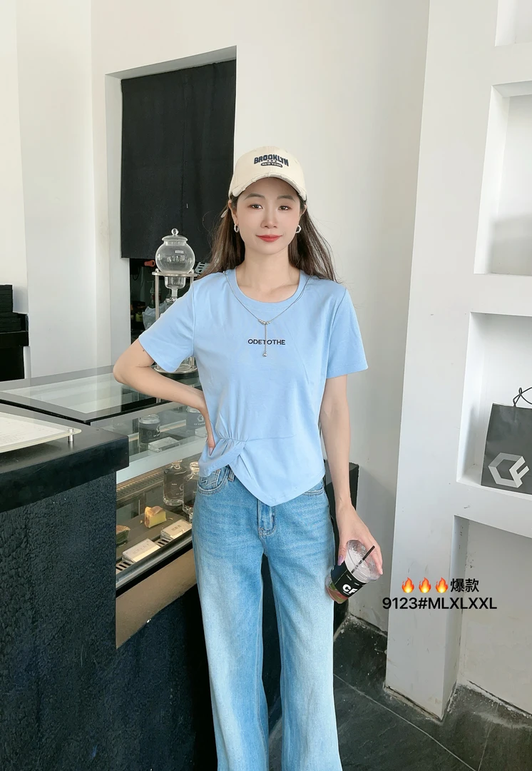 运动韩版字母开叉百搭宽松型短袖短款T恤森系显瘦9123