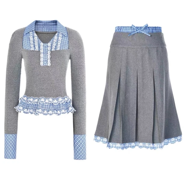 木子店灰色调拼接刺绣针织花边上衣半裙