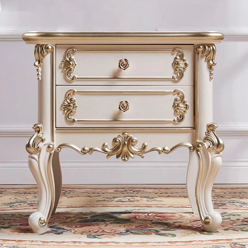 欧式床头柜卧室实木储物柜奢华香槟金收纳柜法式雕花简约白色整装